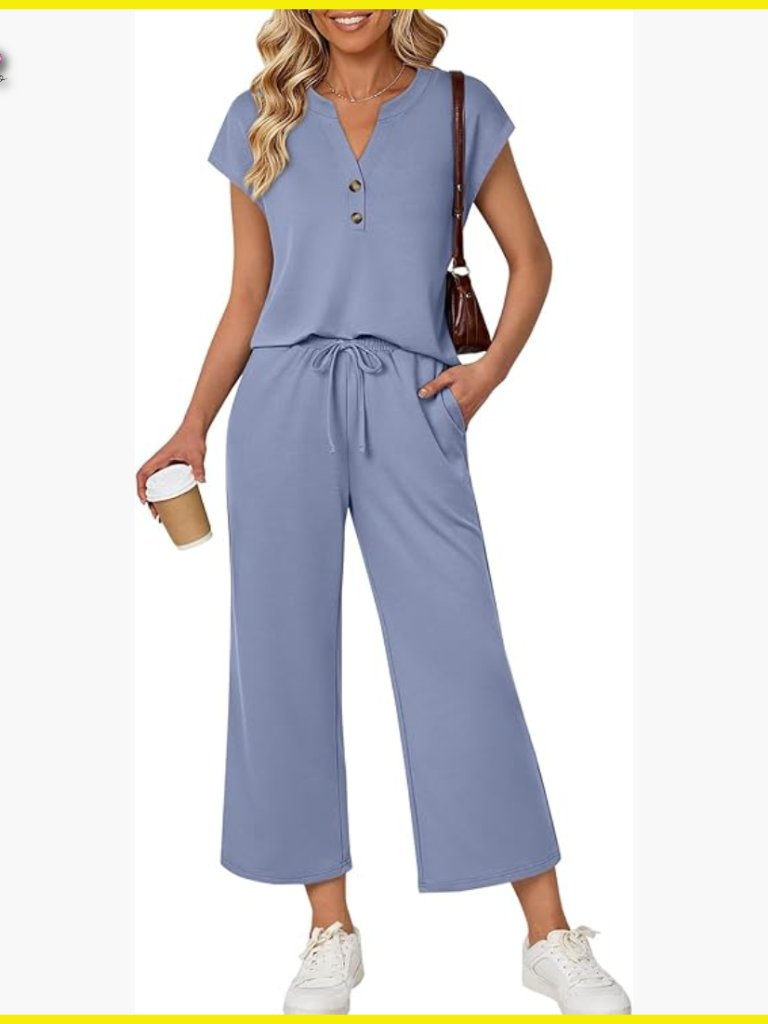Two Piece Lounge Set V-Neck Top Cropped Pants Elegant Casual Travel Outfit